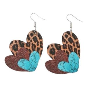Three Heart Animal Print Faux Leather Dangle Earrings